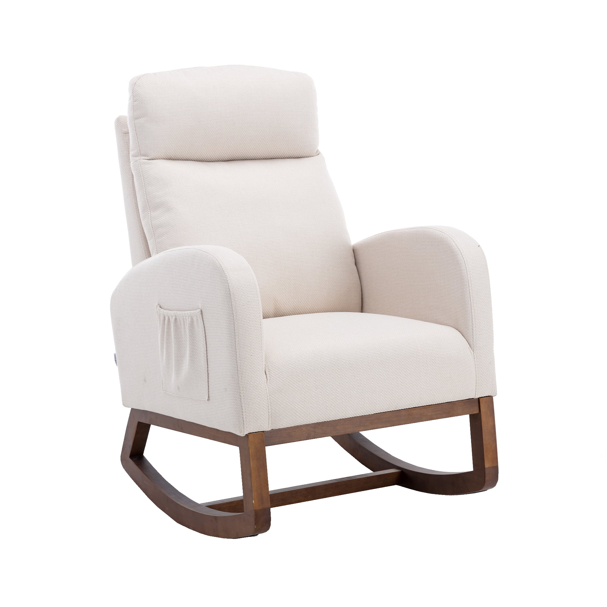 Rocking Chair, Modern Glider Chair, Recliner Armchair with Wood Legs and Side Pocket, Nursery Rocking Accent Chair with High Back for Living Room Bedroom, Beige