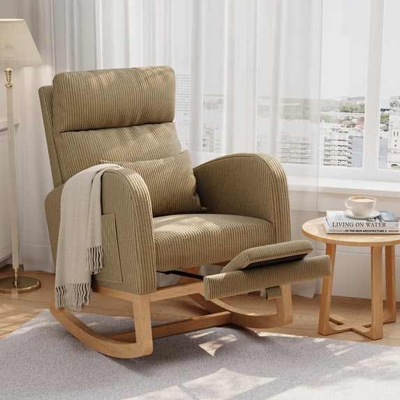 Rocking Chair, Modern Glider Chair, Recliner Armchair with Wood Legs and Side Pocket, Nursery Rocking Accent Chair with High Back for Living Room Bedroom