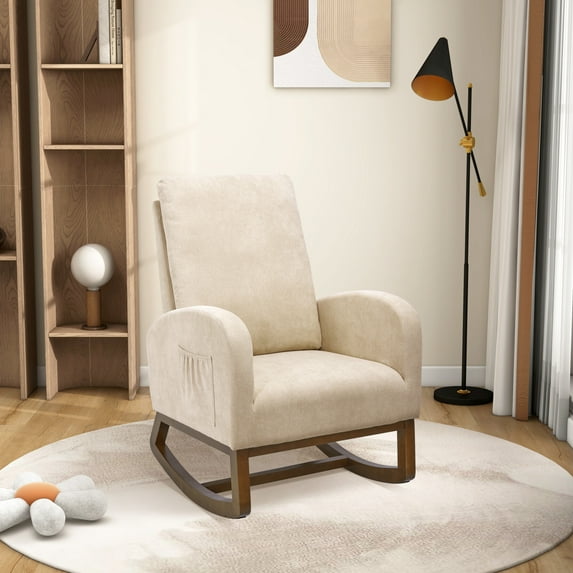 Rocking Chair, Modern Sherp Upholstered Accent Glider Chair with High Back and Side Pocket, Tufted Armchair Lounge Chair with Rubber Wood Legs for Living Room, Bedroom, Office, Beige