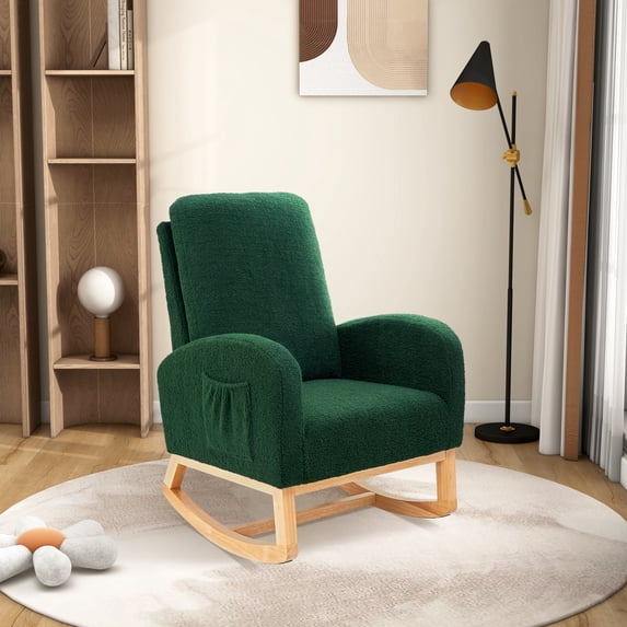 Rocking Chair, Modern Sherp Upholstered Accent Glider Chair with High Back and Side Pocket, Tufted Armchair Lounge Chair with Rubber Wood Legs for Living Room, Bedroom, Office, Green
