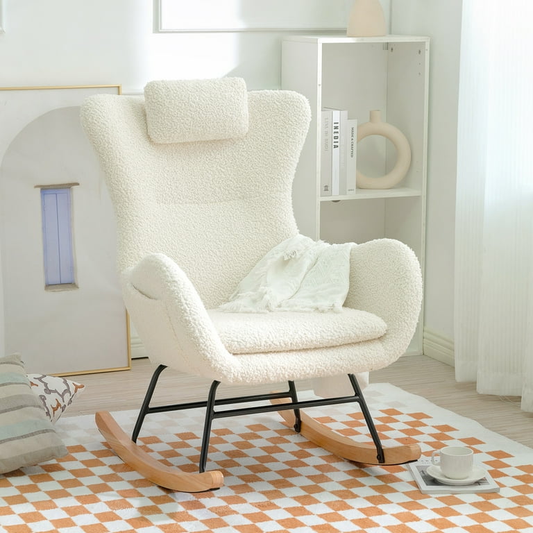 Rocking Chair Modern Upholstered Glider Chair with High Backrest Adjustable Headrest and Side pockets Armchair Chair for Living Room Bedroom Offices White Walmart