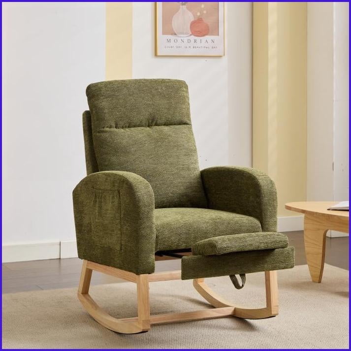 Rocking Chair, Modern Upholstered Nursery Glider with Solid Wood Legs, High Backrest & Side Pocket | Polyester Blend | Teddy Fabric