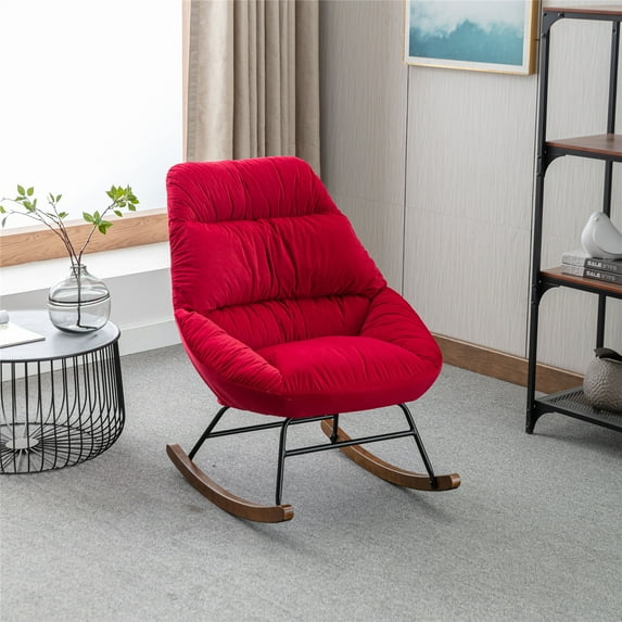 Rocking Chair, Modern Velvet Tufted Upholstered Accent Rocking Chair with Metal Base and Padded Seat, Comfy Lounge Chair Single Sofa Chair Glider Chair for Living Room, Bedroom, Nursery, Red
