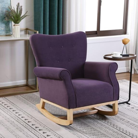 Rocking Chair, Modern Velvet Upholstered Accent Rocker Chair with Padded Seat and Rubber Wood Base, High Back Leisure Single Glider Chair for Nursery Living Room Bedroom Office, Lavender purple