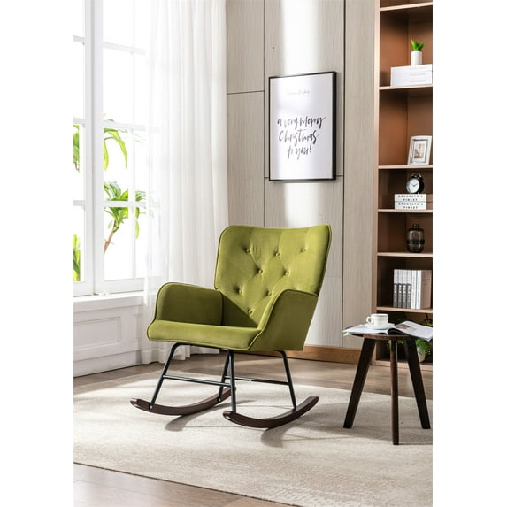 Rocking Chair, Modern Velvet Upholstered Accent Rocking Armchair with Fabric Padded Seat and Solid Wood Base, Comfortable Nursery Rocker Chair for Adults Kids Relaxing- Hold up to 300lbs, Olive