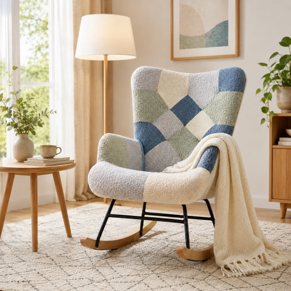 Rocking Chair Multicolor Teddy Fleece with Storage Pocket for Living Room Bedroom