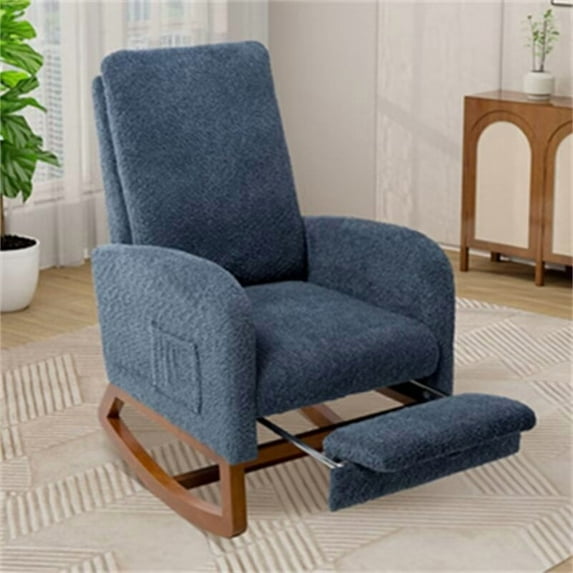 Rocking Chair Nursery, 25.4"W Upholstered High Back Accent Lounge Armchair with Retractable Footrest and Side Pocket, Comfy Rocker Glider Chair with Rubber Wood Legs for Living Room, Navy