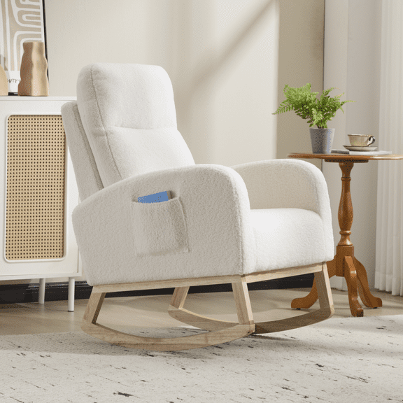 Rocking Chair Nursery with 26'' High Backrest, Teddy Upholstered Glider Rocker with Side Pocket, Accent Armchair with Solid Wood Legs for Living Room, White