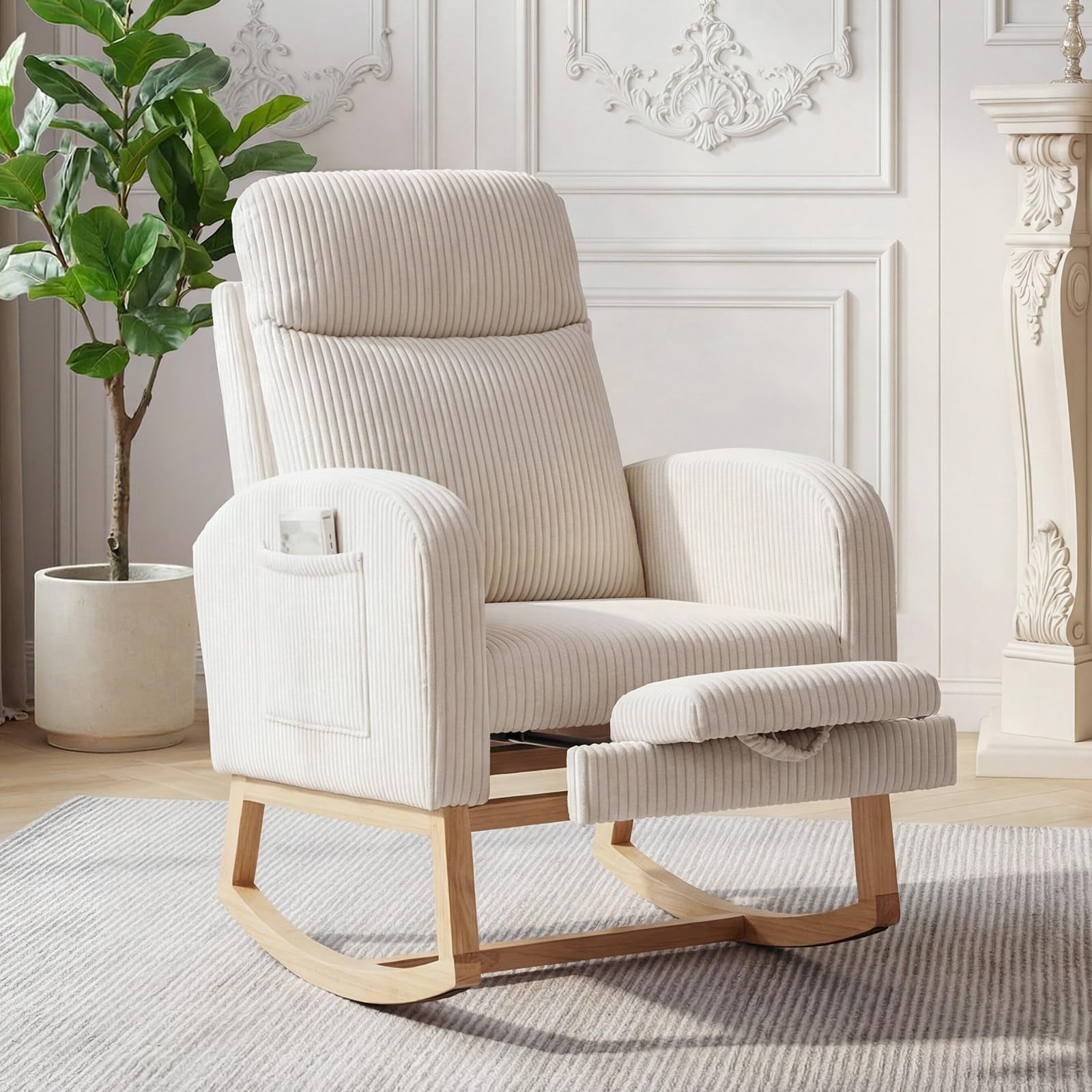 Rocking Chair Nursery, Corduroy Upholstered Glider Rocker Modern Padded Armchair with Adjustable Footrest, Tufted Back, Side Pocket, Compact Wooden Legs, Beige