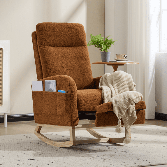 Rocking Chair Nursery with Expandable Footrest, Teddy Upholstered Glider Rocker with High Backrest, Accent Armchair with Side Pockets for Living Room, Brown