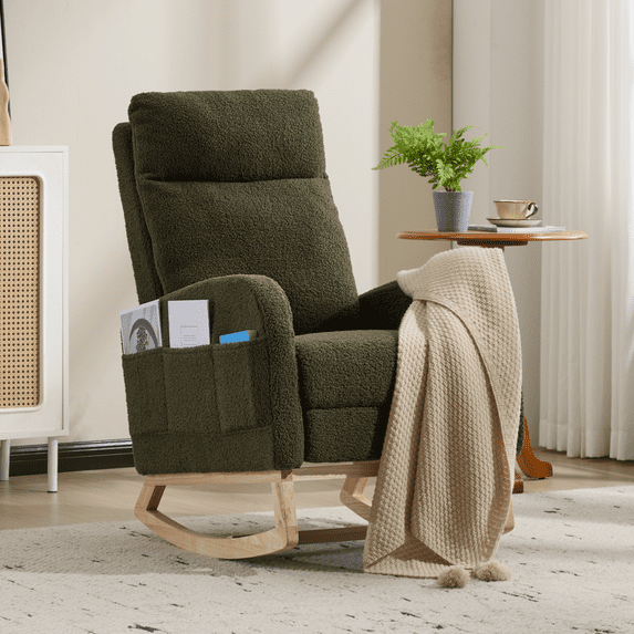 Rocking Chair Nursery with Foot Rest for Mom Breastfeeding, Rocker Glider Chair with High Backrest,Upholstered Lounge Chair with Side Pocket for Living Room, Bedroom, Dark Green