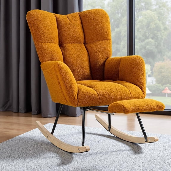 Rocking Chair Nursery with Foot Rest, Teddy Glider Rocking Chair for Upholstered Rocker Recliner Chair,  Armchair with Adjustable Footrest for Living Room Bedroom (Caramel + Teddy + Foam)