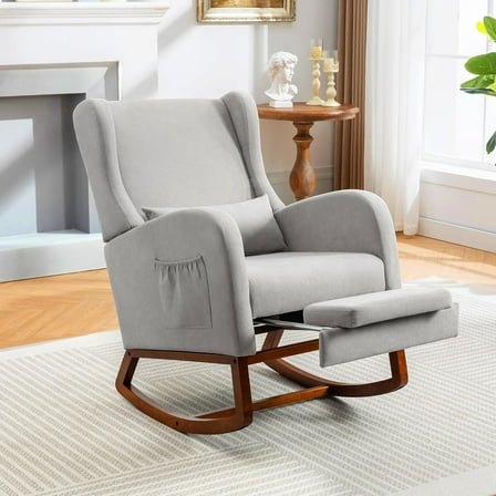 Rocking Chair Nursery Glider Chair with Foot Rest, Nursery Rocking Chairs with Rubber Wood Legs Side Pocket, High Back Nursing Chair, Accent Rocker Arm Chair Baby Bedroom, Living Room, Grey