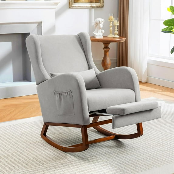 Rocking Chair Nursery Glider Chair with Foot Rest, Nursery Rocking Chairs with Rubber Wood Legs Side Pocket, High Back Nursing Chair, Accent Rocker Arm Chair Baby Bedroom, Living Room, Grey
