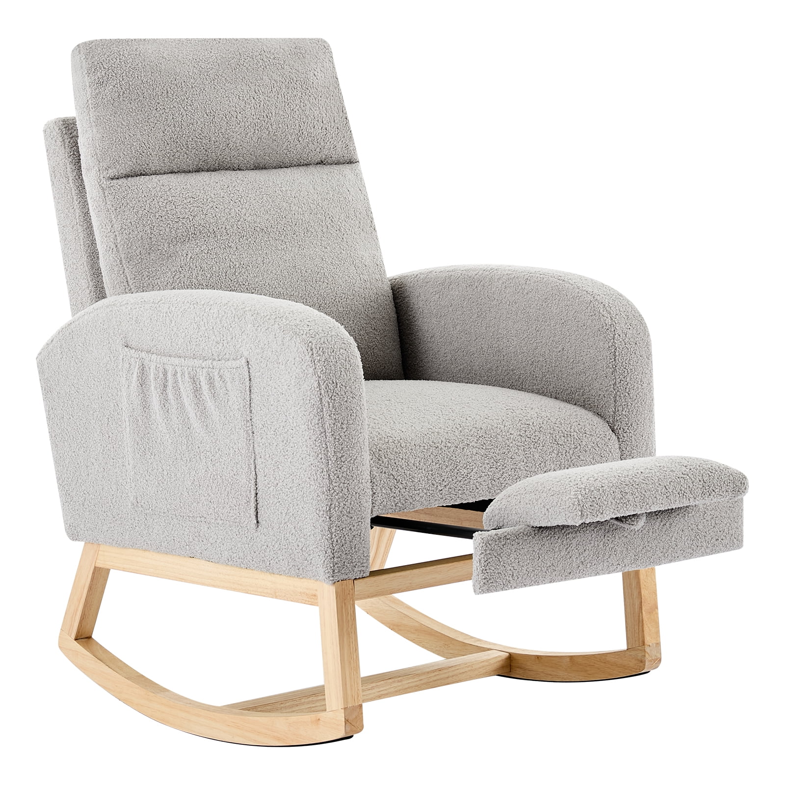 Rocking Chair Nursery Glider Chair with Foot Rest, Nursery Rocking Chairs with Rubber Wood Legs Side Pocket, High Back Nursing Chair, Accent Rocker Arm Chair Baby Bedroom, Living Room