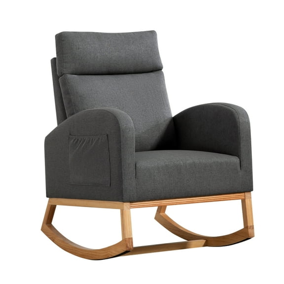 Rocking Chair Nursery Glider Chair, Upholstered Rocking Chair for Nursery with Rubber Wood Legs, Comfy High Backrest, Side Pockets, Armchair for Living Room, Bedroom