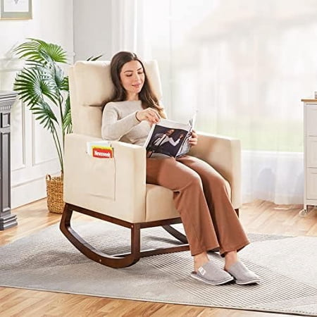 Rocking Chair Nursery Glider Chair With Rubber Wood Legs Side Pocket, Rocking Accent Armchair High Back For Bedroom, Beige