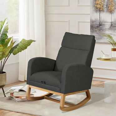 Rocking Chair Nursery, Glider Rocker Chair w/Retractable Footrest & High Backrest, Teddy Upholstered Rocking Chair w/Side Pockets, Modern Accent Chair for Living Room/Bedroom, Dark Grey