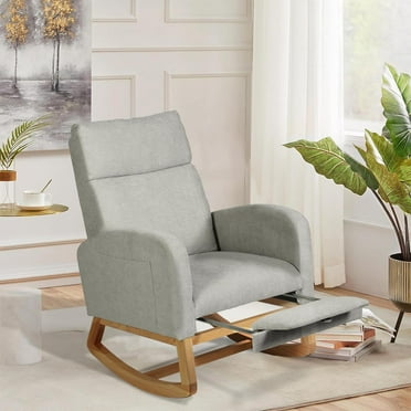 Rocking Chair Nursery, Glider Rocker Chair w/Retractable Footrest & High Backrest, Teddy Upholstered Rocking Chair w/Side Pockets, Modern Accent Chair for Living Room/Bedroom, Grey
