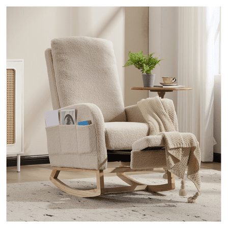 Rocking Chair, Nursery Glider Rocker with Wood Legs, Upholstered Armchair with Side Pocket, Living Room Lounge Chair, Comfy Rocker