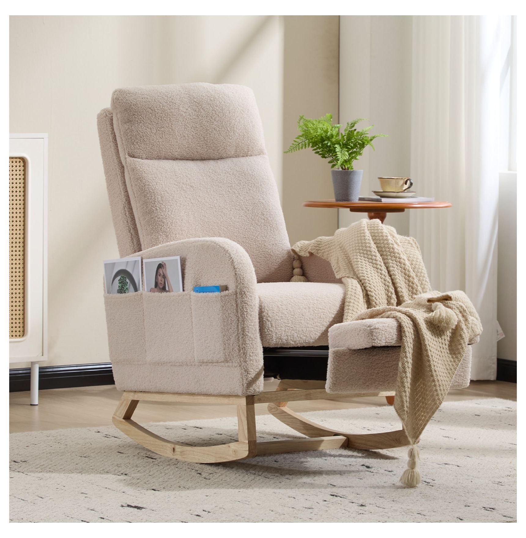 Rocking Chair, Nursery Glider Rocker with Wood Legs, Upholstered Comfy ...
