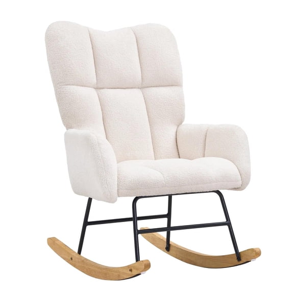 Rocking Chair Nursery, Glider Rocking Chair with Soft Seat and High Backrest, 250 lbs Weight Capacity Teddy Fabric, Upholstered Glider Rocker Chair for Nursery, Bedroom, Living Room
