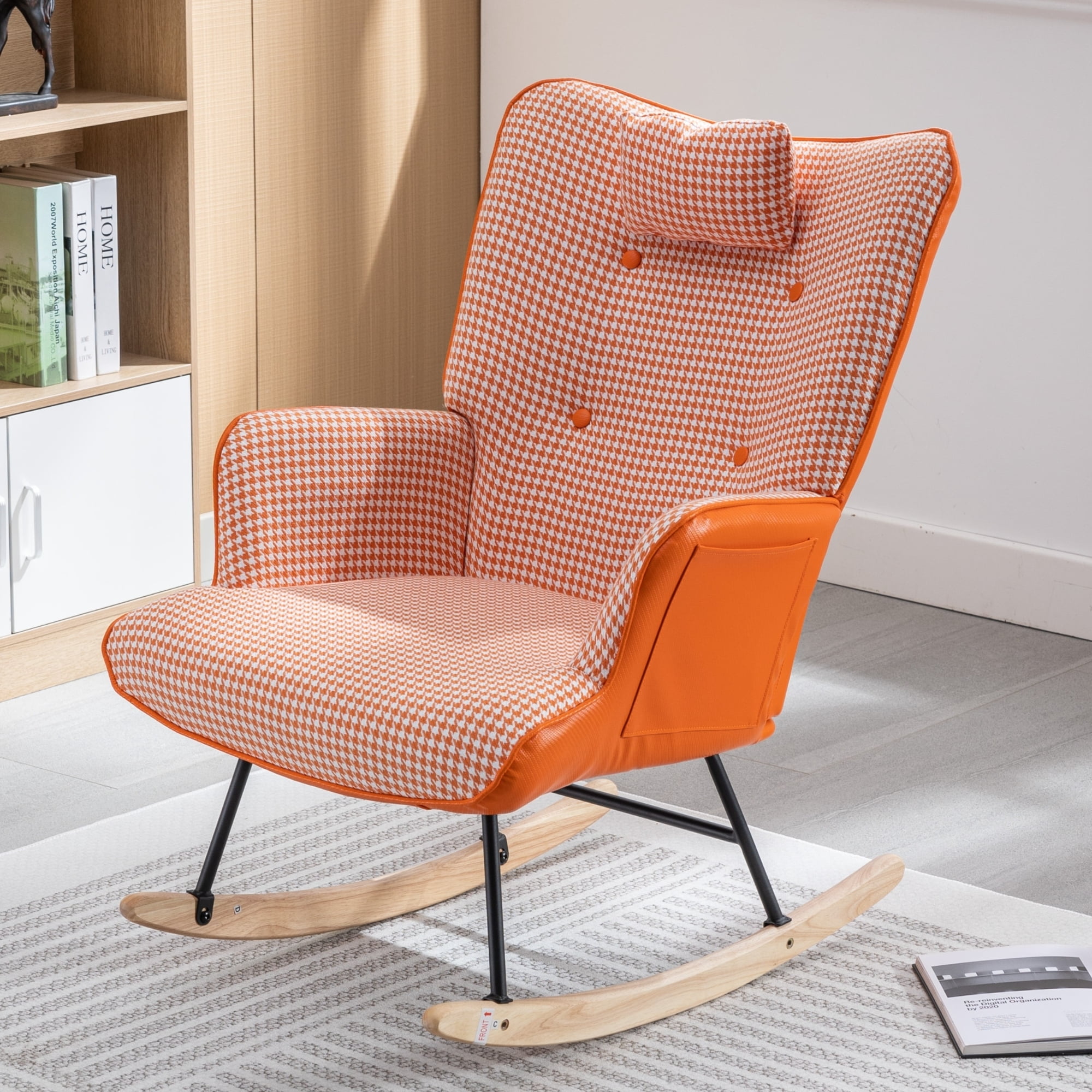 Rocking Chair Nursery with Headrest Soft Houndstooth Leather Fabric Glider Rocker with High Backrest Wingback Glider Rocker with Safe Solid Wood Base for Living Room Bedroom Balcony Orange Walmart