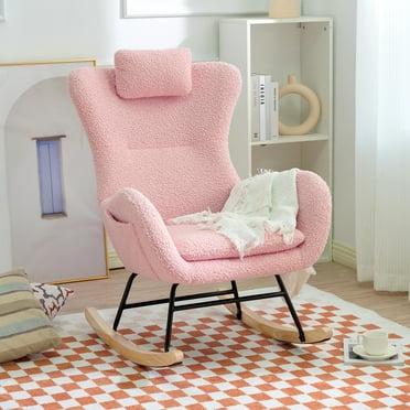 Rocking Chair Nursery with High Backrest, Adjustable Headrest & Pocket,Teddy Upholstered Rocker Glider Chair with Anti-Skid Pad for Nursery,Bedroom,Living Room,Offices,Rubber Wood,Pink