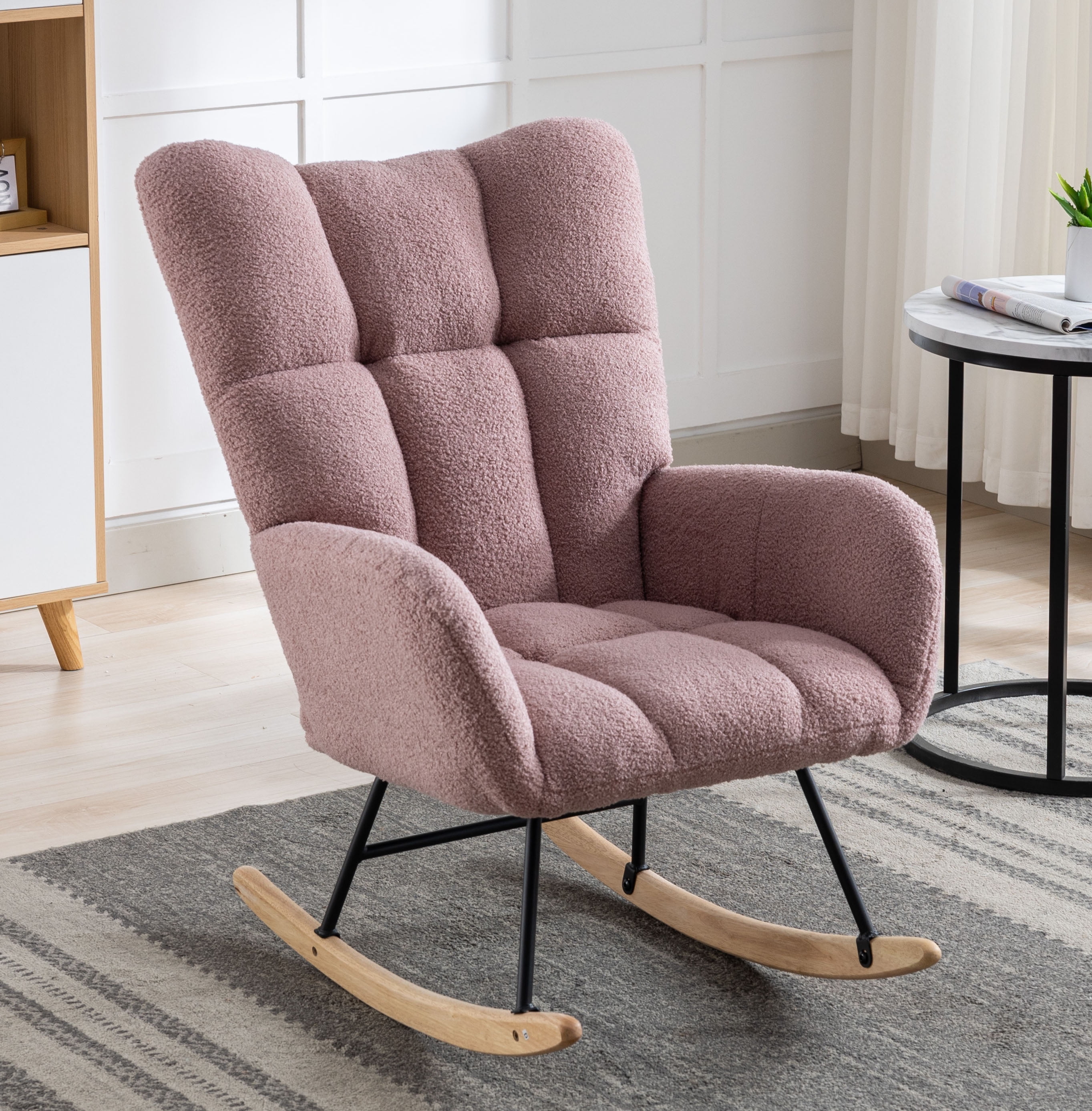 Modern Nursery Rocking Armchair, High Backrest Teddy Fabric Glider for