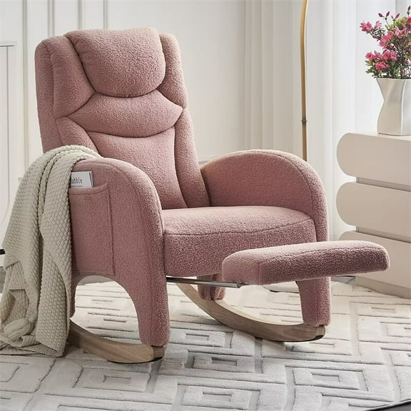 Rocking Chair Nursery - Modern Teddy Gliding Rocker Chair Lounge Chair with Adjustable Footrest, High Back Upholstered Wingback Armchair Comfy Single Sofa Chair for Living Room, Pink