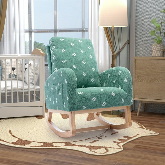 Rocking Chair for Nursery, Modern Upholstered Rocker Chair with High Back and Side Storage Pocket, Comfy Leisure Accent Armchair for Bedroom, Living Room and Balcony, Green