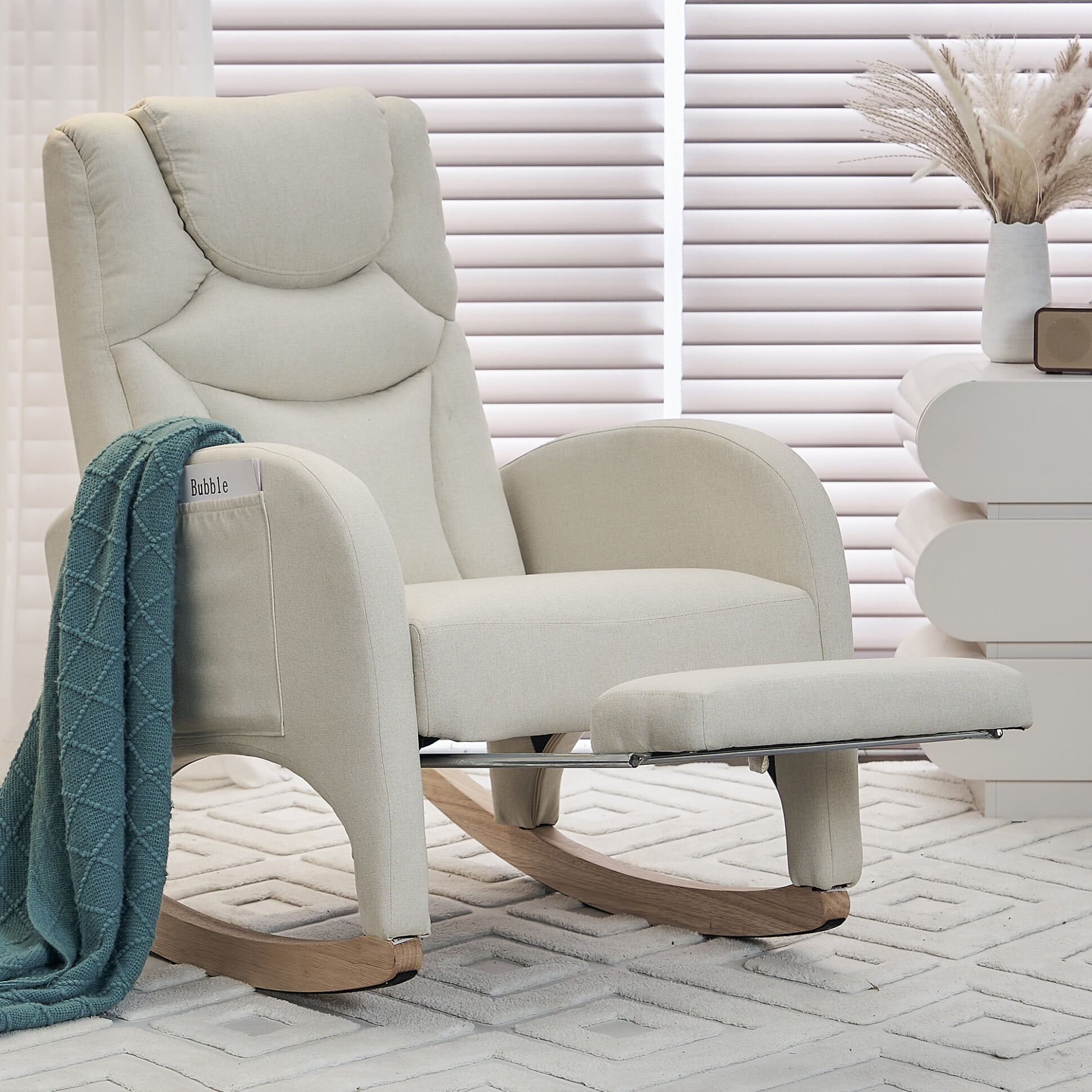 Rocking Chair Nursery, Nursery Rocking Chairs with Adjustable Footrest & Side Pocket, Comfy Rocking Chairs in Teddy Fabric, Reading Arm Glider Chair for Bedroom, Living Room, Office, Beige
