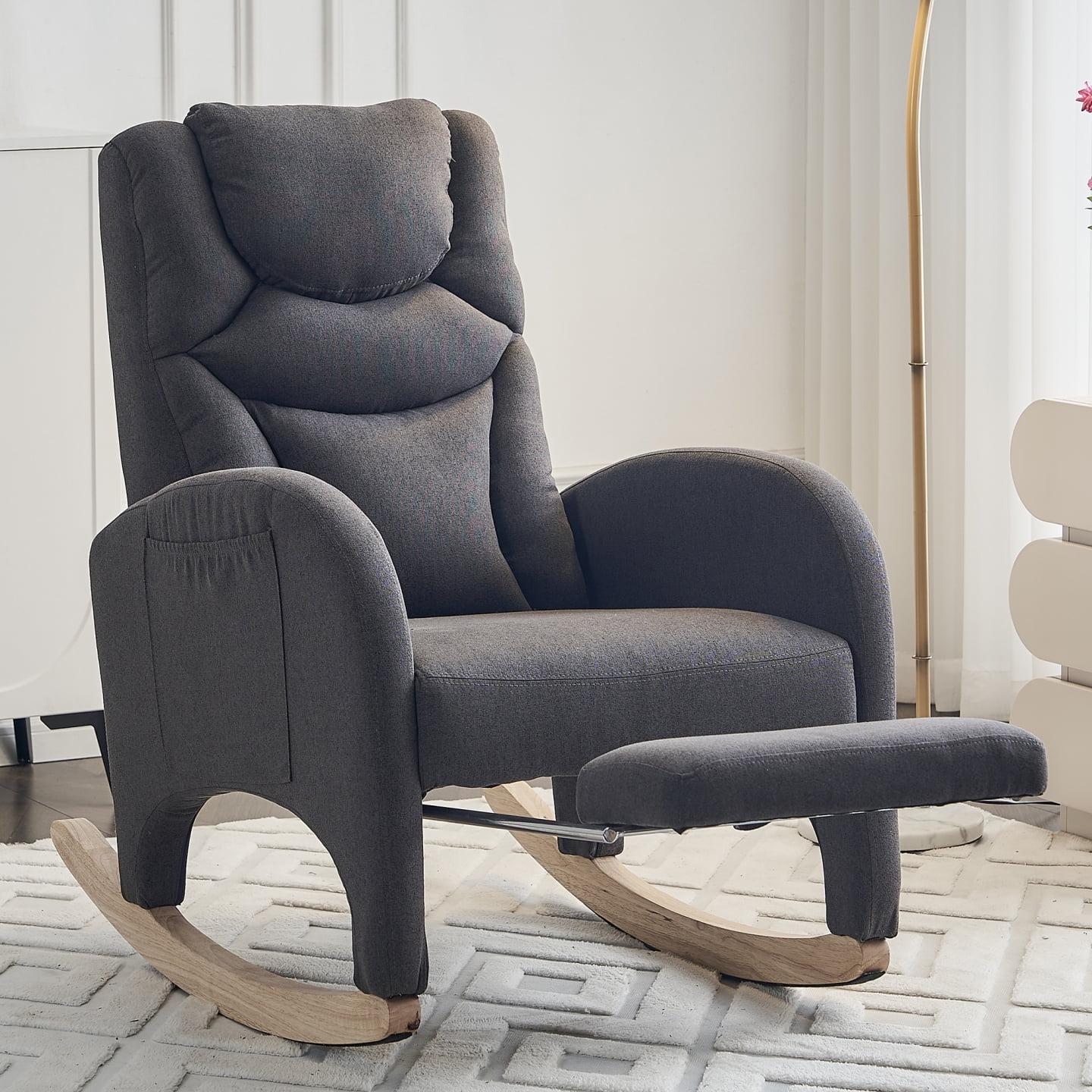 Rocking Chair Nursery, Nursery Rocking Chairs with Adjustable Footrest & Side Pocket, Comfy Rocking Chairs in Teddy Fabric, Reading Arm Glider Chair for Bedroom, Living Room, Office, Dark Grey