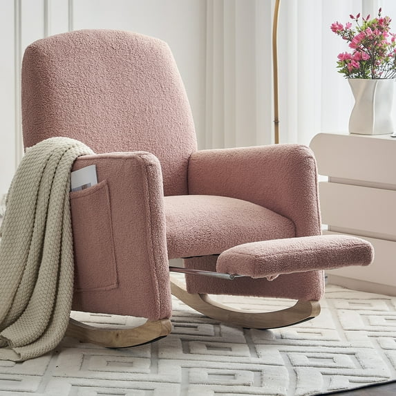 Rocking Chair Nursery, Nursery Rocking Chairs with Adjustable Footrest and Side Pocket, Comfy Rocking Chairs in Teddy Fabric, Reading Arm Glider Chair for Living Room, Bedroom, Offices, Pink