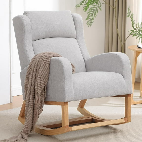 Rocking Chair Nursery, Nursing Rocking Chairs for Mom Nursery, Wingback Glider Rocking Armchair with Foot Rest and Side Pocket for Nursery Living Room Bedroom, Light Grey