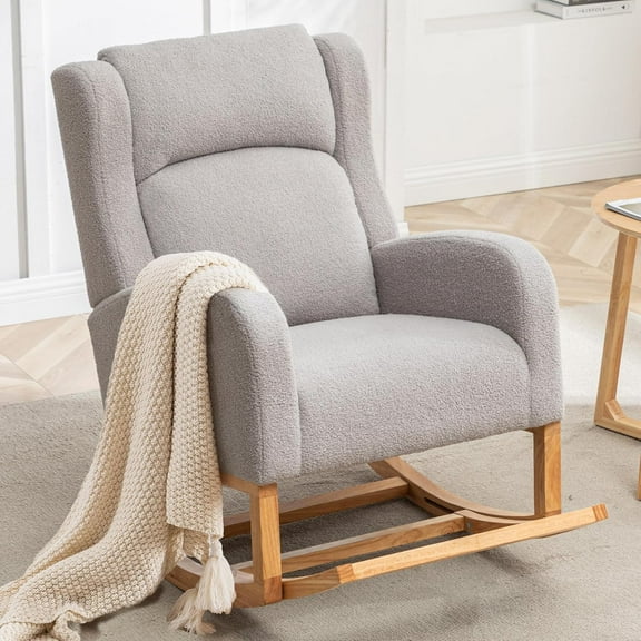 Rocking Chair Nursery, Nursing Rocking Chairs for Mom Nursery, Comfy Wingback Glider Rocking Armchair with Foot Rest and Side Pocket for Nursery Living Room Bedroom, Teddy Grey