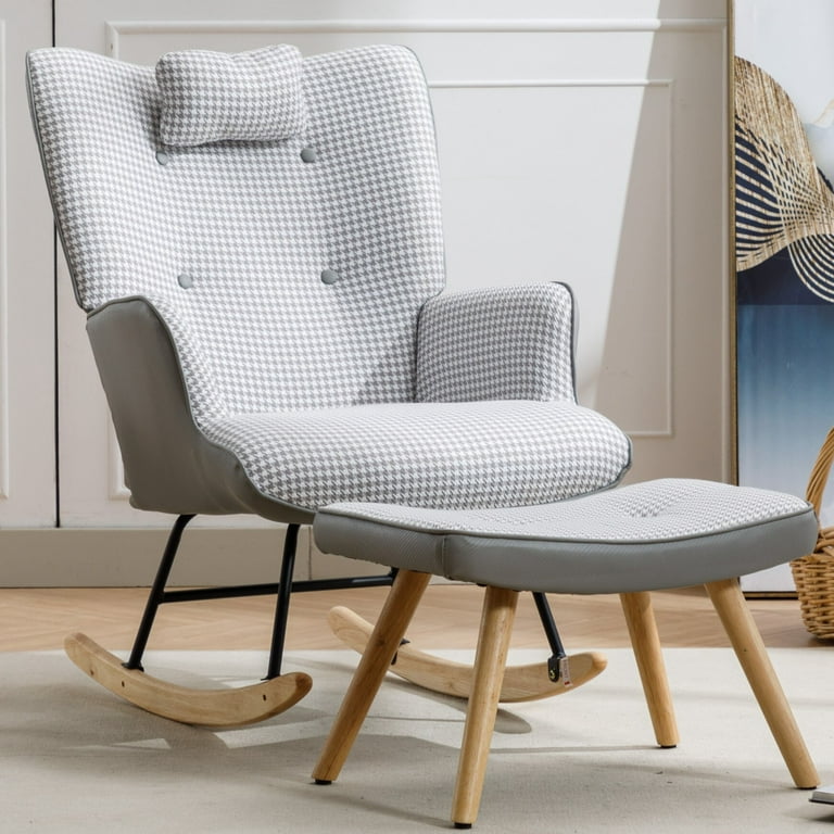 Rocking Chair Nursery with Ottoman, Cotton Linen Upholstered