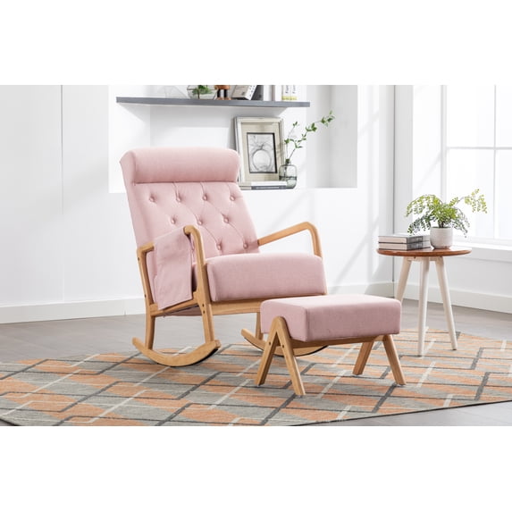 Rocking Chair Nursery with Ottoman, Modern Glider Rocker with Button Design Back and Wood Base, Accent Armchair for Living Room Reading Room Bedroom, Pink