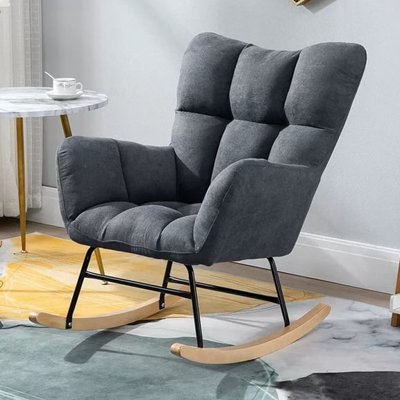 Rocking Chair for Nursery Patchwork Fabric Relaxing Recliner Chair Wingback Accent Chair for Living Room,Comfy Upholstered Rocker Armchair with High Backrest