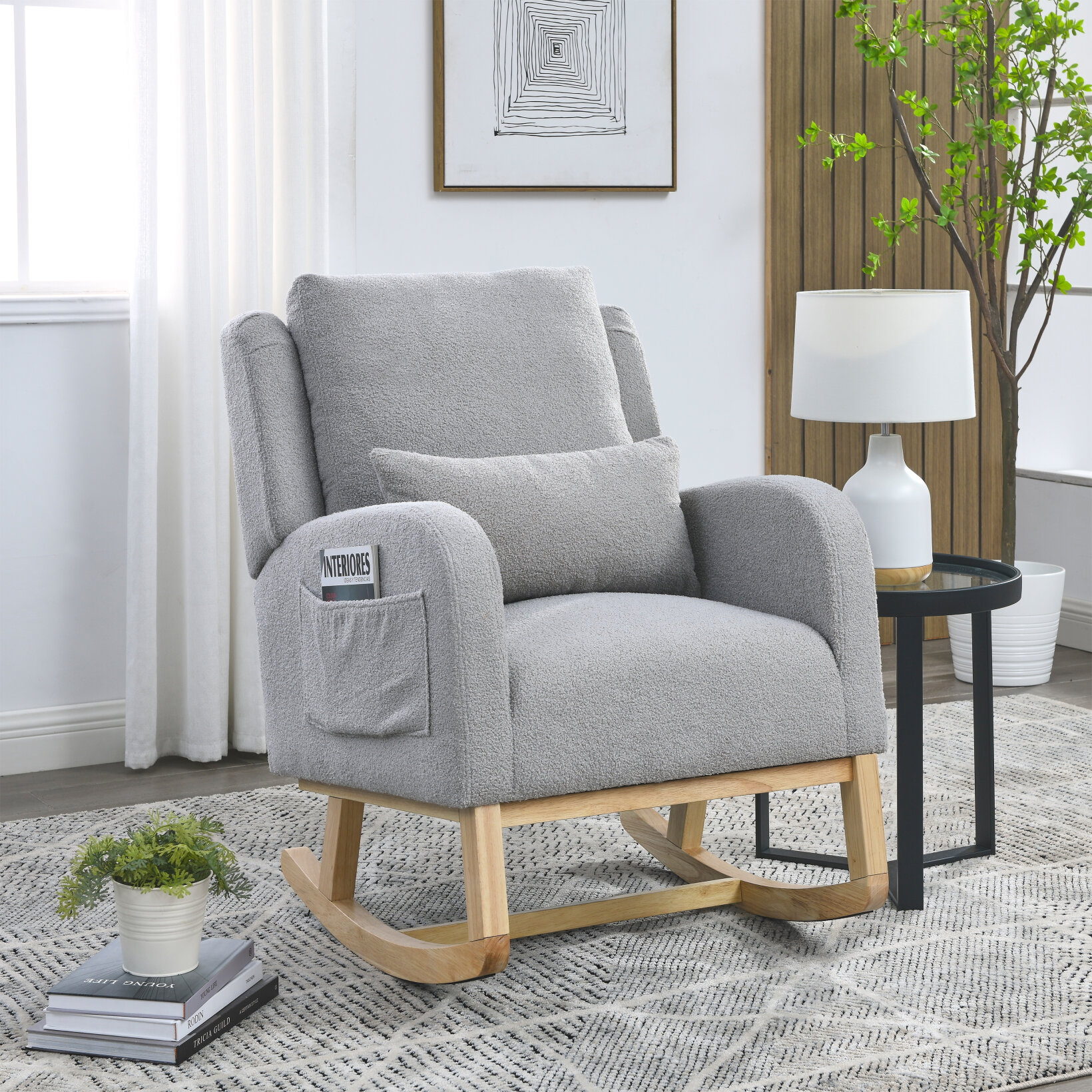 Chenille Nursery Glider Chair VINGLI Chenille Low Seat Rocking Chair - Upholstered Glider With Side Pockets For Nursery, Living Room Comfort Rocking Chair