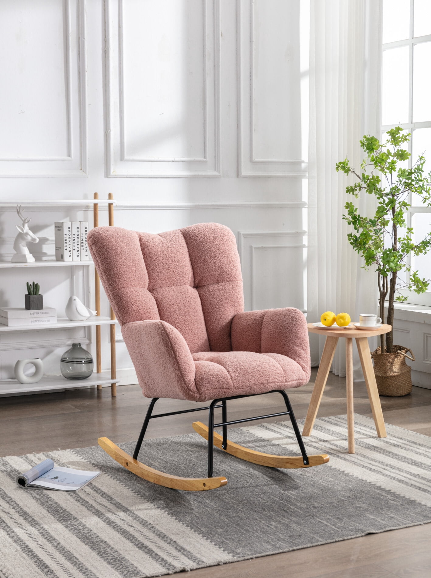 Rocking Chair for Nursery, Plush Teddy Fabric Glider with Tufted Back ...