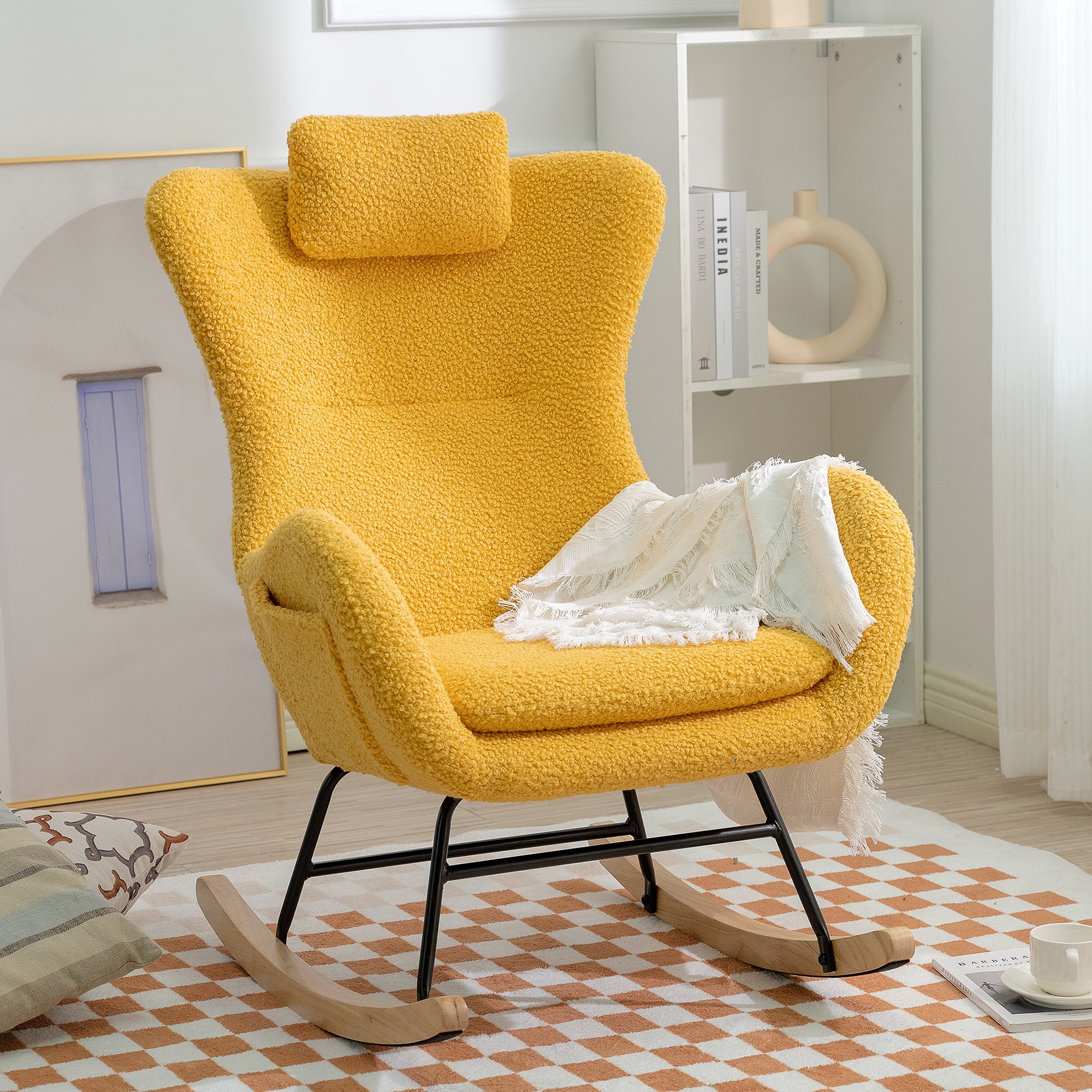 Rocking Chair Nursery,  Rocking Chair With Non-slip Mat, Metal Frame, High-density Sponge Backrest And Seat Cushion, Living Room Accent Chair