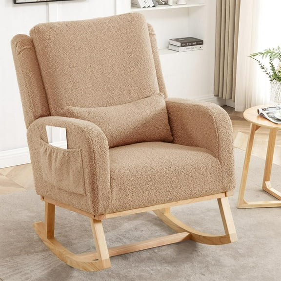 Rocking Chair Nursery,Sherpa Nursing Rocking Chairs, Upholstered Nursery Glider Rocker Wingback Morden Rocking Chair with Lumbar Pillow for Mom Nursery, Living Room, Bedroom, Teddy Khaki