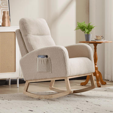 Rocking Chair Nursery with Side Pocket, Upholstered Nursery Glider Rocker with High Backrest, Comfy Armchair angle range 80°-130° for Living Room, Bedroom, Beige