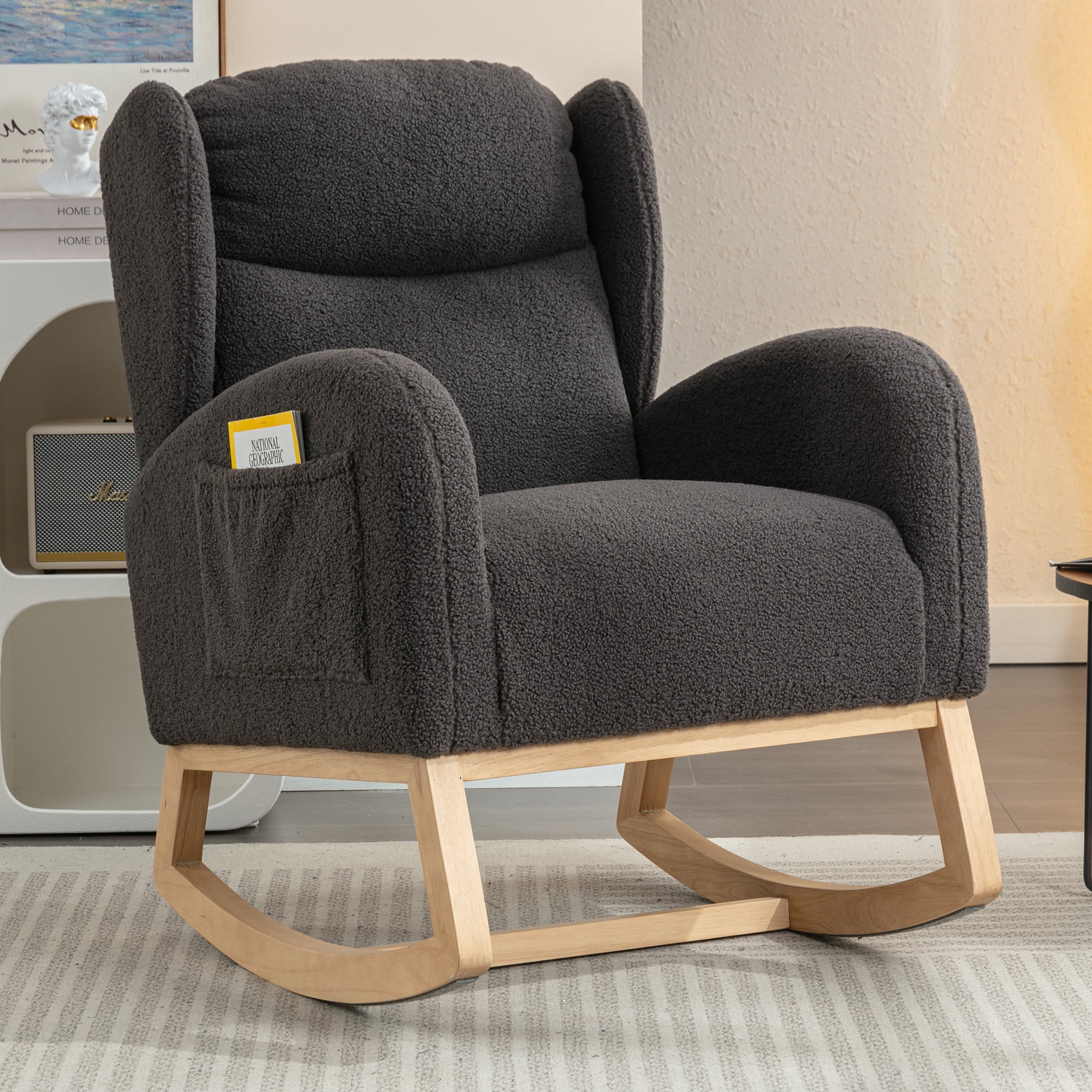 Rocking Chair Nursery,Teddy Fabric Uplostered Rocking Glider Chair with Side Pocket,Modern High Backrest Single Sofa for Living Room, Hotel, Bedroom, Baby Room,Dark Gray