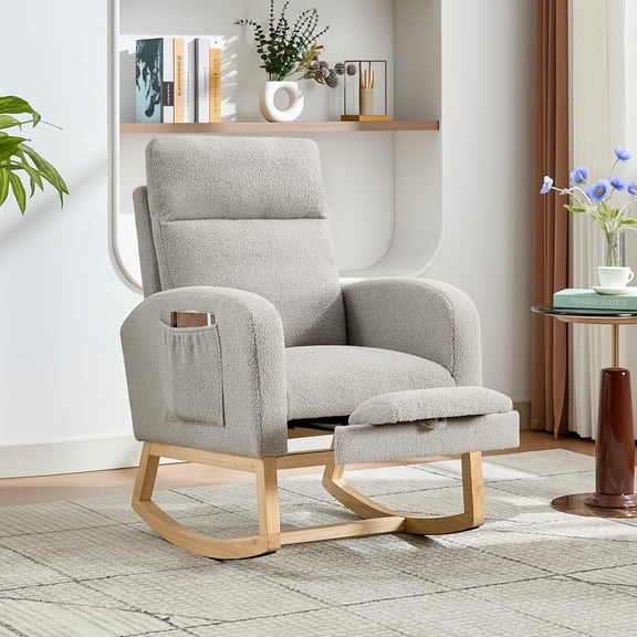 Rocking Chair Nursery, Teddy Fleece fabric Upholstered Glider Rocker Modern Padded Armchair with Adjustable Footrest, Tufted Back, Side Pocket, Compact Wooden Legs, Light Gray