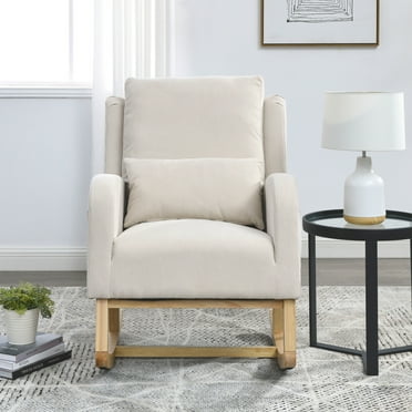 Rocking Chair Nursery, Teddy Glider Rocker with Rubber Wood Legs and One Lumbar Pillow, Accent Armchair for Living Room Reading Room Bedroom, Beige