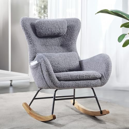 Rocking Chair Nursery, Teddy Upholstered Baby Glider with High Backrest ...