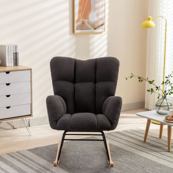 Rocking Chair Nursery,Teddy Upholstered Glider Chair with Thick Cushion,Tufted Gliding Rocker Chair with Wood Leg,Cozy Rocking Armchair,Accent Rocking Chair for Living Room,Dark Gray