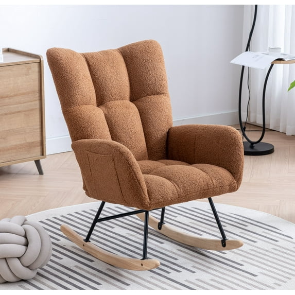 Rocking Chair Nursery,Teddy Upholstered Glider Rocker with High Backrest,Modern Rocking Accent Chairs Glider Recliner for Living Room, Nursery, Bedroom,Brown